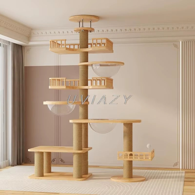 Multi-Level Floor-To-Ceiling Cat Tree Wood Climbing Frame Tree Scratching Sisal Pillar Jumping Platform Tower Height 250-270Cm