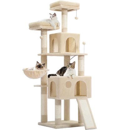 Cat Tree Luxury Cat Towers with Double Condos Spacious Perch Cat Hammock Fully Wrapped Scratching Sisal Post and Dangling Balls