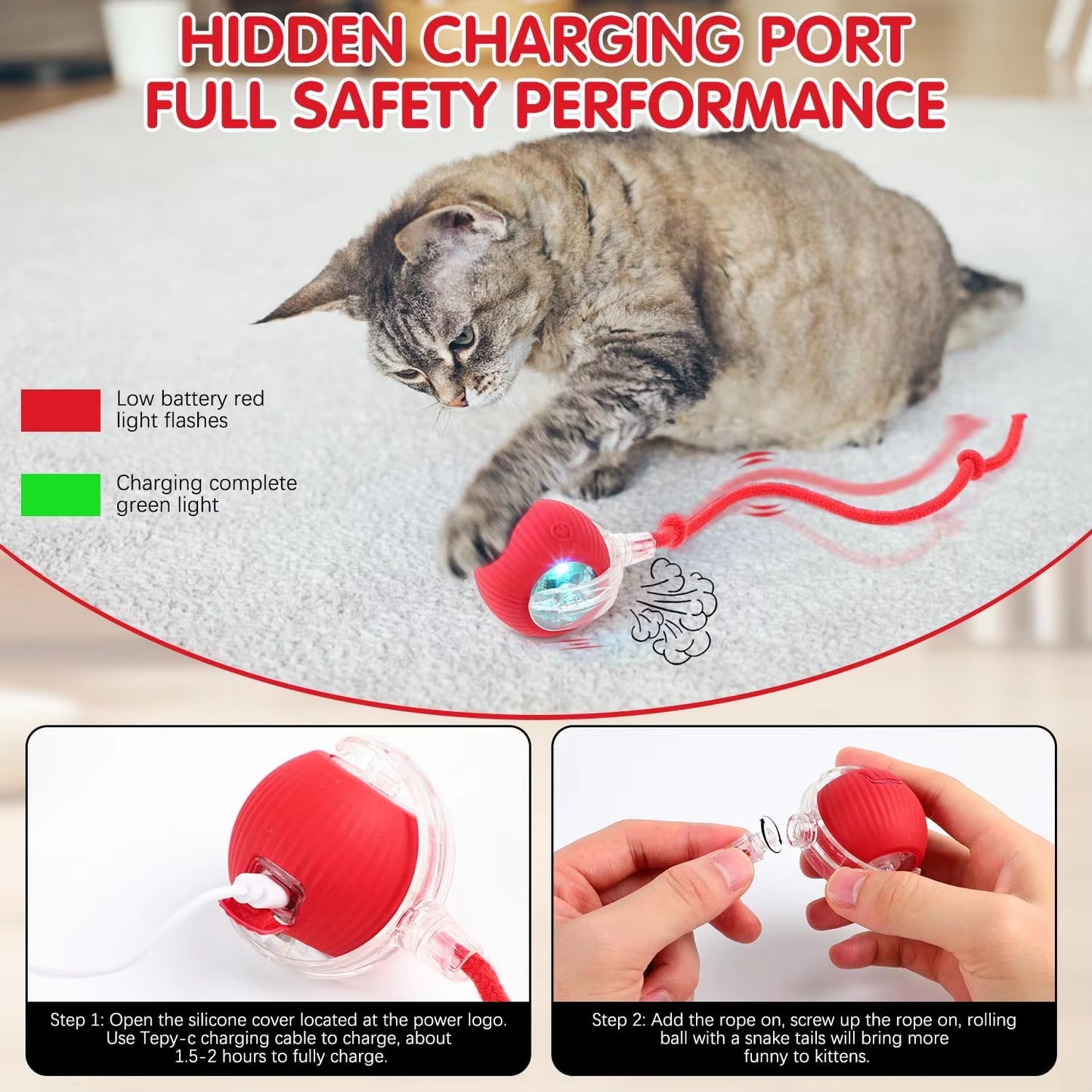 Interactive Rolling Cat Ball, Dog Toys Rolling Ball for Indoor, 360° Smart Automatic Rolling Pet Ball, Self Rolling Ball