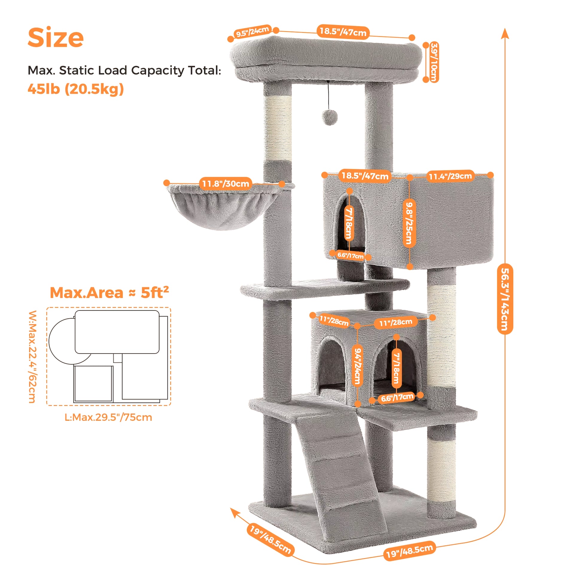 Cat Tree Luxury Cat Towers with Double Condos Spacious Perch Cat Hammock Fully Wrapped Scratching Sisal Post and Dangling Balls