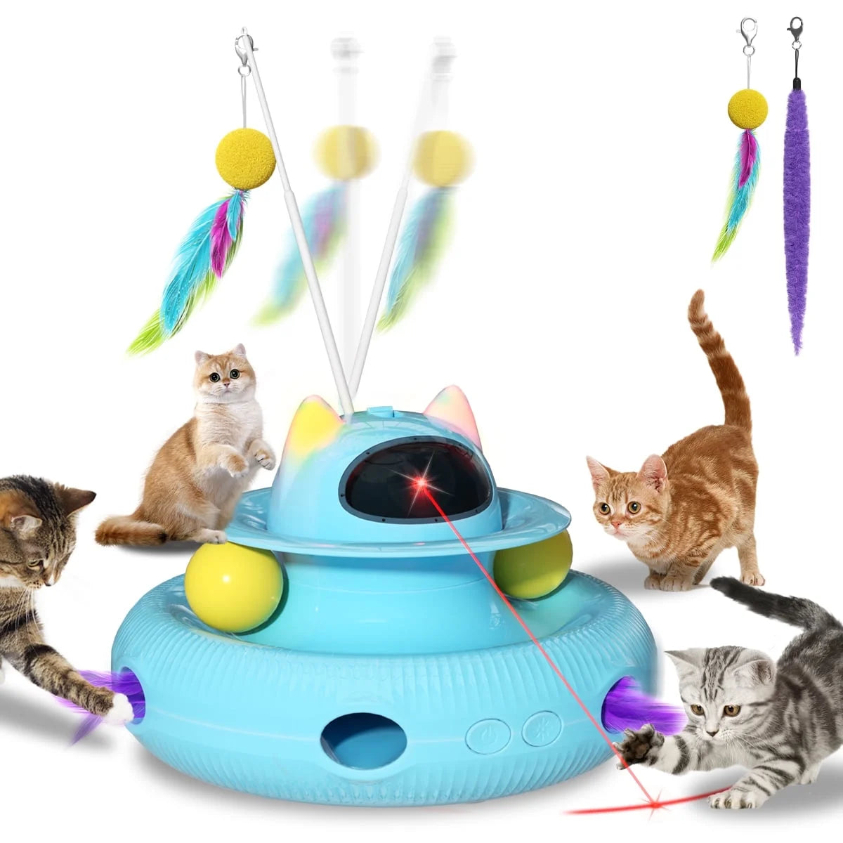 4 in 1 Interactive Cat Toys with USB Rechargeable,Smart Cat Feather Wand for Indoor Cats with Red Beam,Smart Interactive Electronic Exercise Kitten Toys,Exercise Cat Wand,Indoor Exercise Cat Kicker