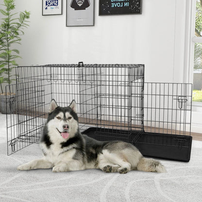 48 Inch Dog Crate, Dog Crates and Kennels for Big Dog Foldable Large Dog Crate for Large Dogs with Handle Double-Door Outdoor Metal Wire Dog Cage with Plastic Tray for Medium Dogs, Black