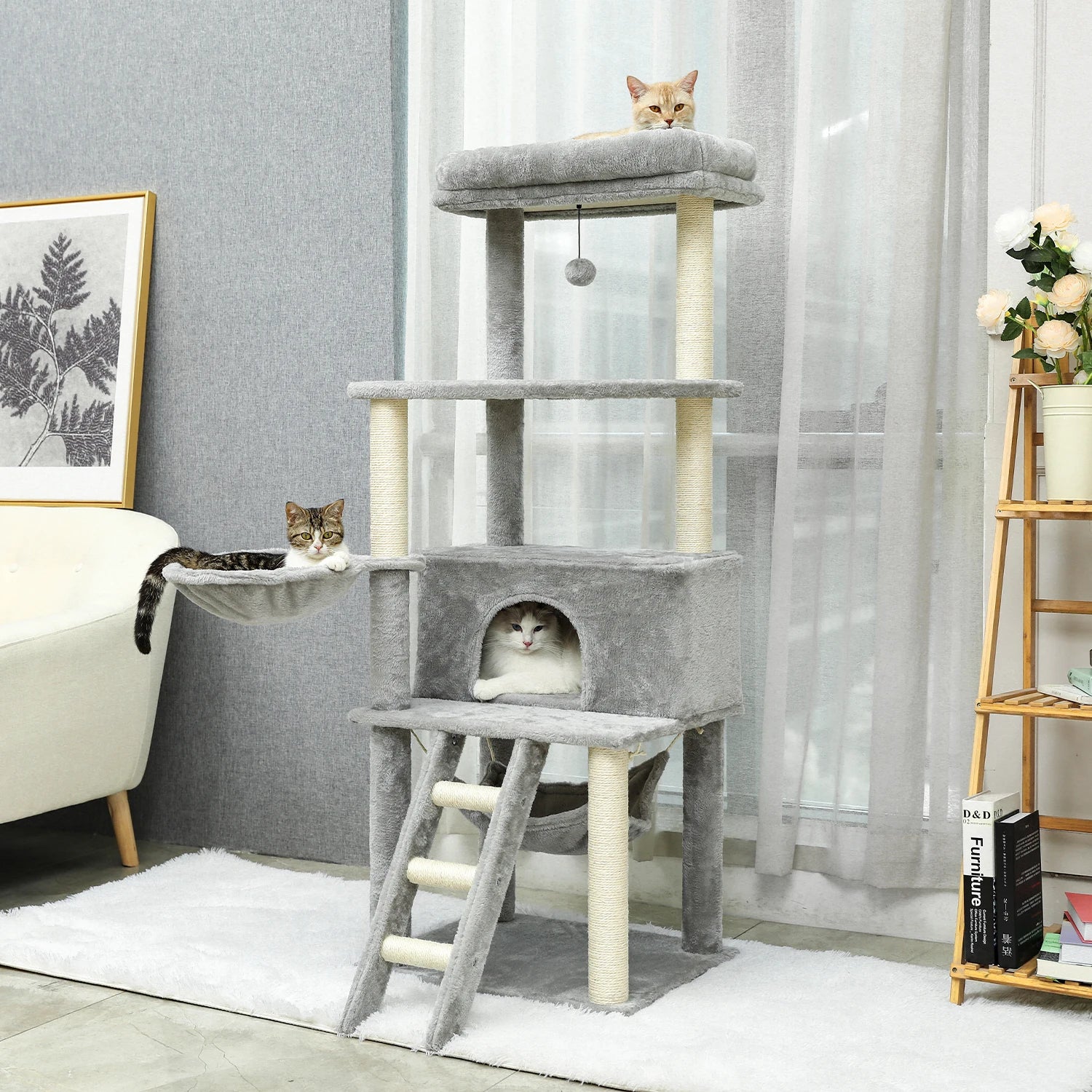 Multi-Level Pet Cat Tree House Candos Soft Natural Sisal Scratching Posts for Kitten Tower with Basket Beds Protecting Furniture