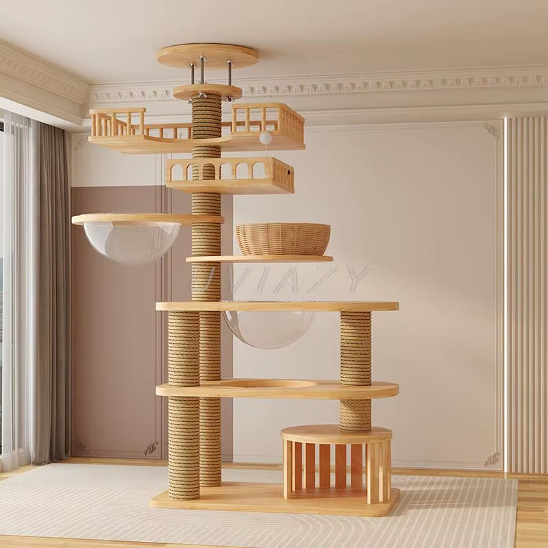 Multi-Level Floor-To-Ceiling Cat Tree Wood Climbing Frame Tree Scratching Sisal Pillar Jumping Platform Tower Height 250-270Cm