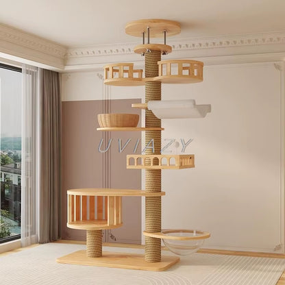 Multi-Level Floor-To-Ceiling Cat Tree Wood Climbing Frame Tree Scratching Sisal Pillar Jumping Platform Tower Height 250-270Cm